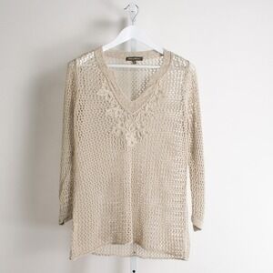 Tommy Bahama Crochet Knit‎ Cover Up Tunic Top V Neck Casual Beige Medium M